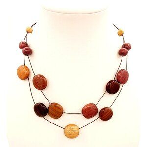 Wine, Plum & Tan Hues Artisan Wooden Bead Multi-Strand Necklace Adjustable Clasp